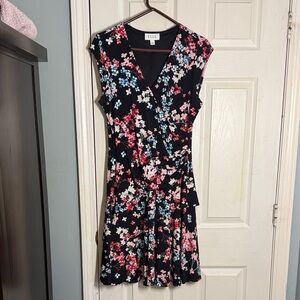 Elle Black Floral Faux-Wrap Mini Dress with Pink & Blue Flowers